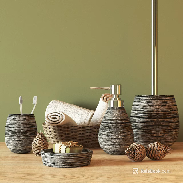 Stylish Wooden Texture Bathroom Accessories With Toothbrush Holder Soap Dispenser Rolled Towels And Pine Cones 3d model 