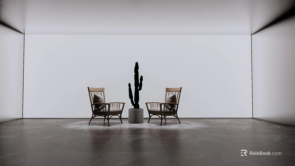 Minimalist Wooden Chairs With Cactus Plant In Modern White Interior Space 3d model 