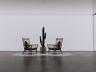 Minimalist Wooden Chairs With Cactus Plant In Modern White Interior Space 3d model