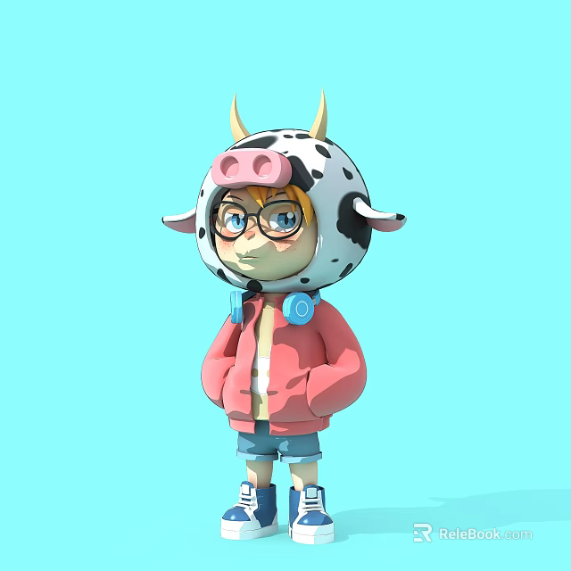 Cartoon Character Sculpture with Cow Headgear Glasses Pink Coat and Sneakers on Light Blue Background 3d model 