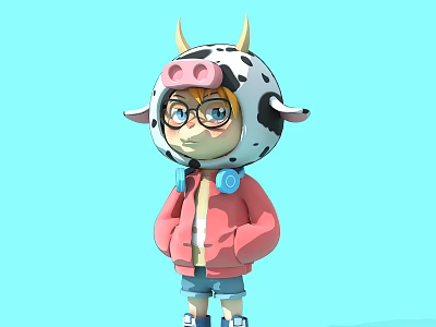 Cartoon Character Sculpture with Cow Headgear Glasses Pink Coat and Sneakers on Light Blue Background 3d model
