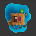 Cartoon Scene Featuring Wooden Platform Colorful Fish House FISH Sign Green Tree and Blue Water