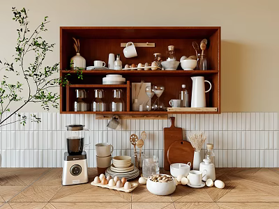Tableware Set With Cups Plates Bowls Pitchers And Glassware On Kitchen Wooden Shelf 3d model
