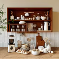 Tableware Set With Cups Plates Bowls Pitchers And Glassware On Kitchen Wooden Shelf