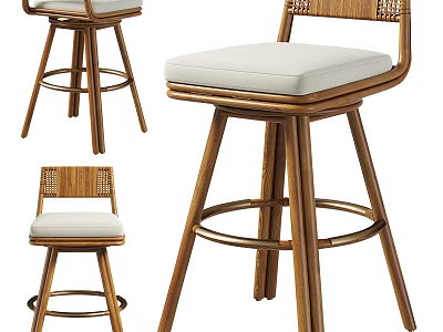 Modern Wooden Bar Stool with Woven Backrest and White Padded Seat Design 3d model