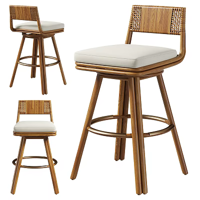 Modern Wooden Bar Stool with Woven Backrest and White Padded Seat Design 3d model