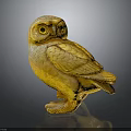 Yellow Wooden Owl Sculpture With Carved Feathers On Dark Background And Reflection