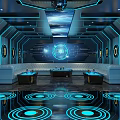 Futuristic Modern KTV Interior With Blue Lighting Circular Floor Patterns Sofas And Digital Screen Decor 3d model