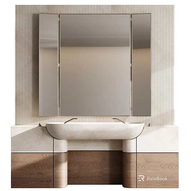 Modern Bathroom Vanity With Large Mirror And Vertical Striped Wall Design 3d model 