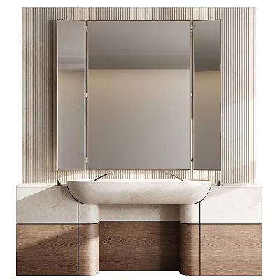 Modern Bathroom Vanity With Large Mirror And Vertical Striped Wall Design 3d model