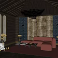 Elegant Home Theater Room With Red Sofa Wooden Walls And Decorative Ceiling Chandelier