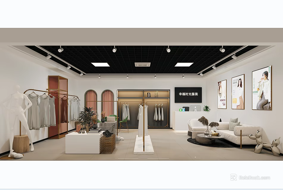 Elegant Modern Women Clothing Specialty Store Interior With Neat Garment Display Racks And Cozy Lounge 3d model 
