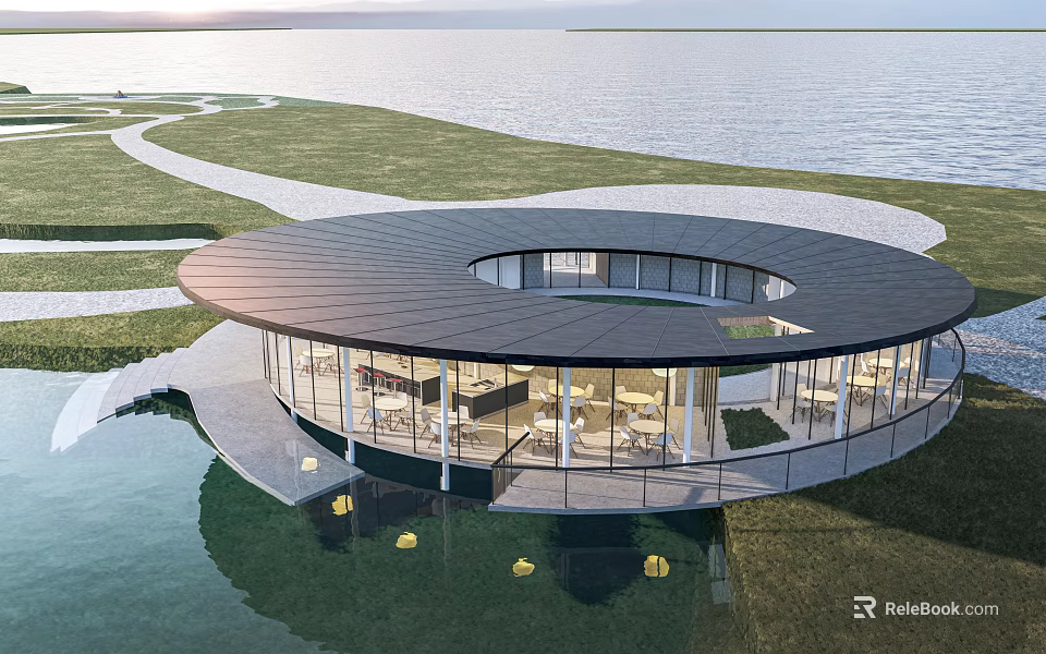 Circular Modern Building With Black Roof Glass Walls At Waterfront Green Lawn And Scenic View 3d model 