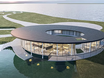 Circular Modern Building With Black Roof Glass Walls At Waterfront Green Lawn And Scenic View 3d model