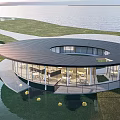 Circular Modern Building With Black Roof Glass Walls At Waterfront Green Lawn And Scenic View 3d model