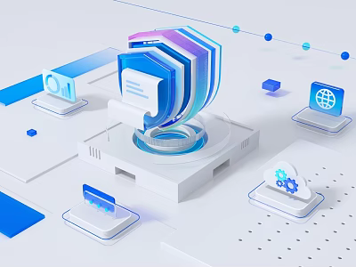 Modern Commercial Equipment With Tech Shield And Connected Modules Featuring Globe Gear Dialog Icons 3d model