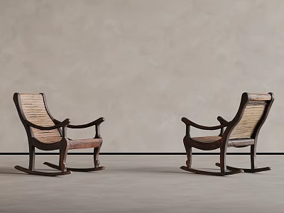 Vintage Rocking Chairs With Wooden Frames And Rattan Seats Against Light Walls And Gray Floor 3d model