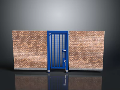 Blue Metal Grid Gate With Brick Walls On Both Sides Residential Entrance Design 3d model