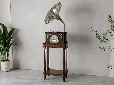 Vintage Phonograph with Wooden Stand in Modern Room Gray Wall and Green Plants Decorative Scene 3d model