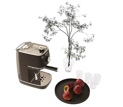Stylish Decorative Ornament Set With Coffee Machine Green Plant Glass Cups Plate And Peaches 3d model