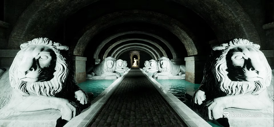 Arched Tunnel With Lion Statues Along Stone Brick Pathway And End Light 3d model 