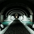 Arched Tunnel With Lion Statues Along Stone Brick Pathway And End Light