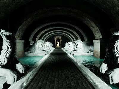 Arched Tunnel With Lion Statues Along Stone Brick Pathway And End Light 3d model