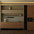 Modern Wooden Sideboard Cabinet With Drawers Shelves White Vase And Coffee Machine In Bright Kitchen