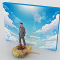 Event Backdrop With Blue Sky White Clouds And Man In Suit On Cloud Shaped Object