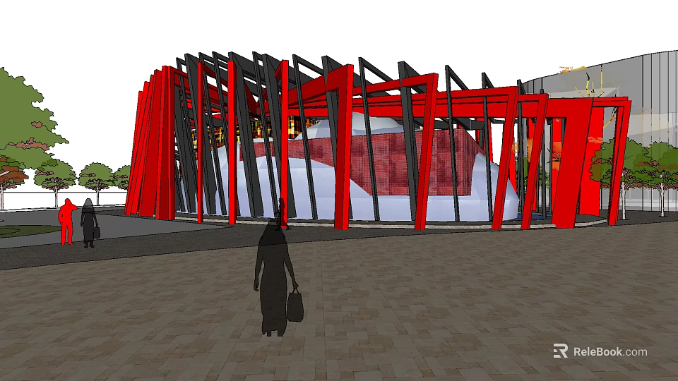 Modern Vertical Framed Sales Office Building With Red Black Structure And Front Plaza 3d model 