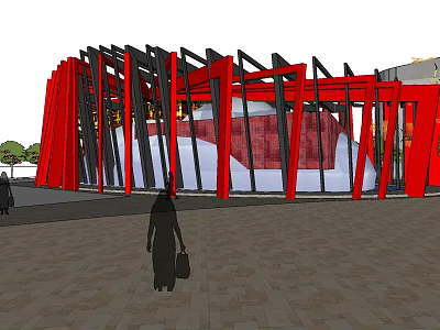 Modern Vertical Framed Sales Office Building With Red Black Structure And Front Plaza 3d model
