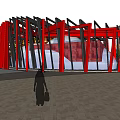 Modern Vertical Framed Sales Office Building With Red Black Structure And Front Plaza