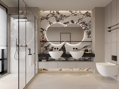 Modern Bathroom Interior With Marble Wall Round Mirror Double Sinks And Glass Shower 3d model