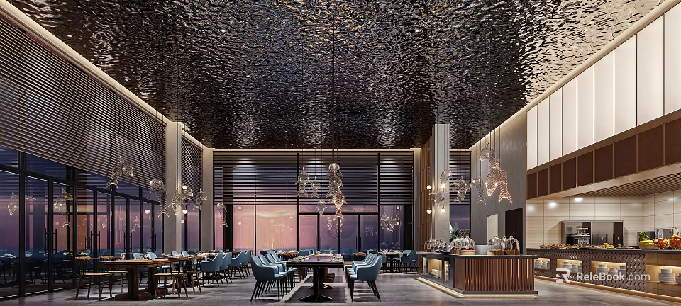 Elegant Modern Restaurant Interior With Blue Chairs Chandeliers Bar Counter And Large Windows 3d model 
