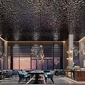 Elegant Modern Restaurant Interior With Blue Chairs Chandeliers Bar Counter And Large Windows