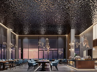 Elegant Modern Restaurant Interior With Blue Chairs Chandeliers Bar Counter And Large Windows 3d model