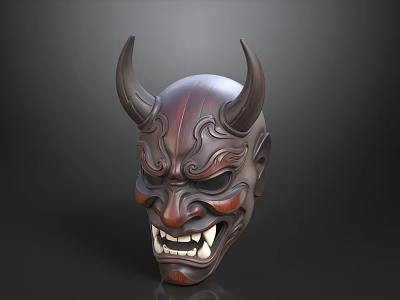 Dark Brown Wooden Mask With Horns And Intricate Carved Patterns On Black Background 3d model