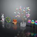 Easter Decorative Setup With Rabbit Figure Egg Tree Carrot Pot And Colorful Eggs 3d model