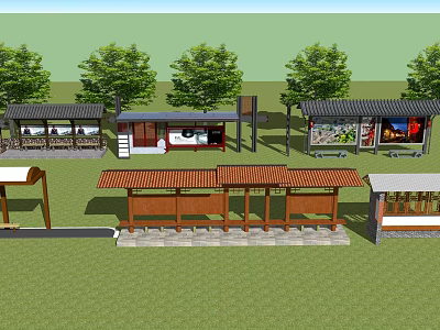 Classic Bus Station Design With Wooden Pavilions Billboards Green Lawn And Trees 3d model