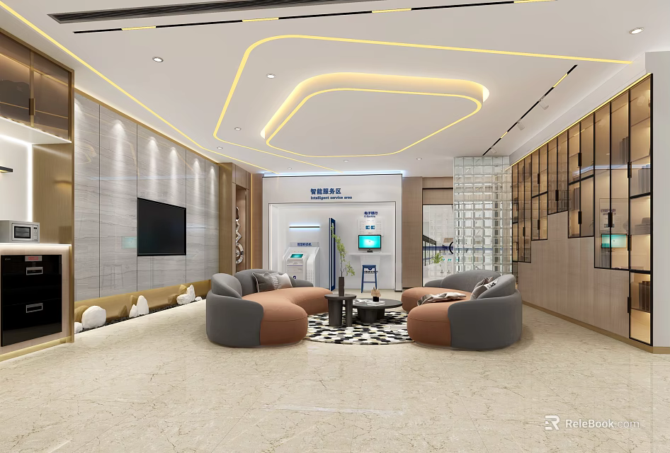 Modern Bank Interior Design With Comfortable Sofas TV Screen And ATM Machine 3d model 