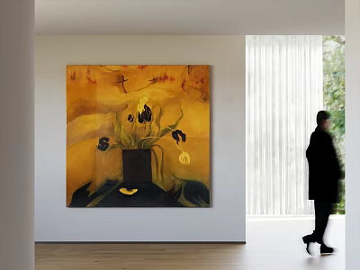 Large Painting With Yellow Background Black Flowers Vase Person Walking Past White Curtains Interior 3d model