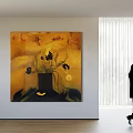 Large Painting With Yellow Background Black Flowers Vase Person Walking Past White Curtains Interior