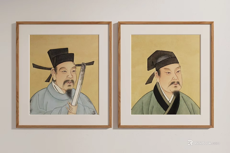 Two Ancient Chinese Portrait Paintings Featuring Men In Traditional Attire And Wooden Frames 3d model 