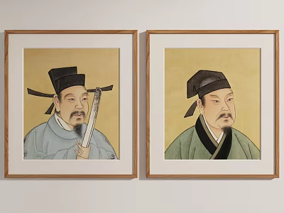 Two Ancient Chinese Portrait Paintings Featuring Men In Traditional Attire And Wooden Frames 3d model