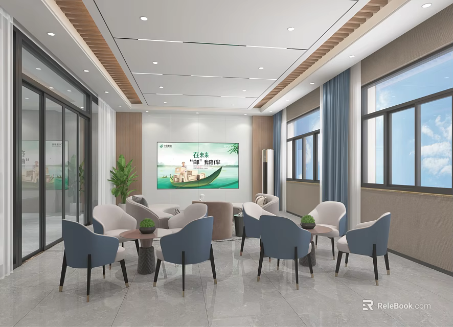 Modern Meeting Room Interior With Conference Table Chairs Large Screen Windows And Green Plants 3d model 