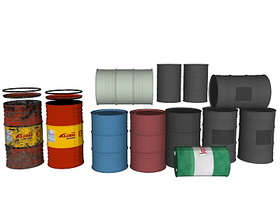 Various Colored Metal Barrels with Rustic Designs and Different Sizes 3d model