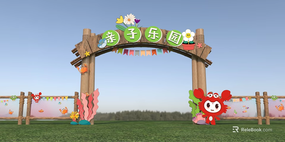 Wooden Arched Parent Child Park Entrance Gate Decorated With Flowers Starfish Flags And Cartoon Crab 3d model 