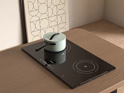 Kitchen Appliance Black Induction Cooktop with Light Green Pot on Wooden Countertop and Geometric Painting 3d model
