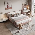 Pink Kids Bed with Plush Pillows Desk Lamp Teddy Bear and Building Blocks