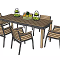 Wooden Dining Table Set with Matching Chairs and Fruit Baskets on Top